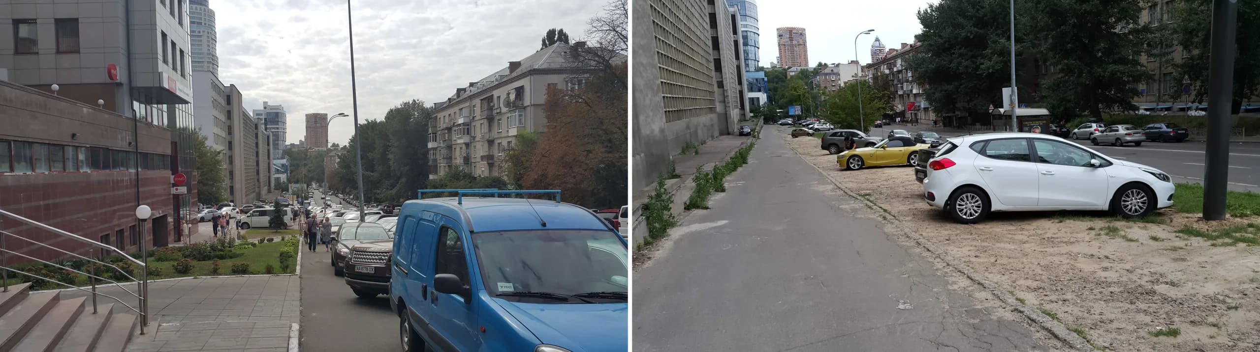 Кловський узвіз. Ліворуч для пішоходів менше 1 метру проходу, праворуч знищений газон