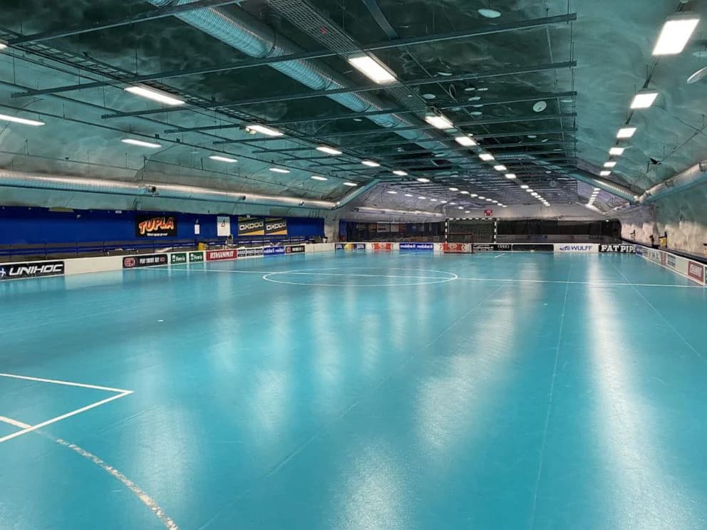 A view of an underground hockey rink in Helsinki.