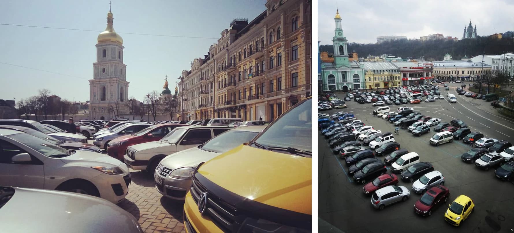 Сьогодні Софійська і Контрактова площі замість того, щоб бути основними публічними просторами Києва, використовуються для паркування машин