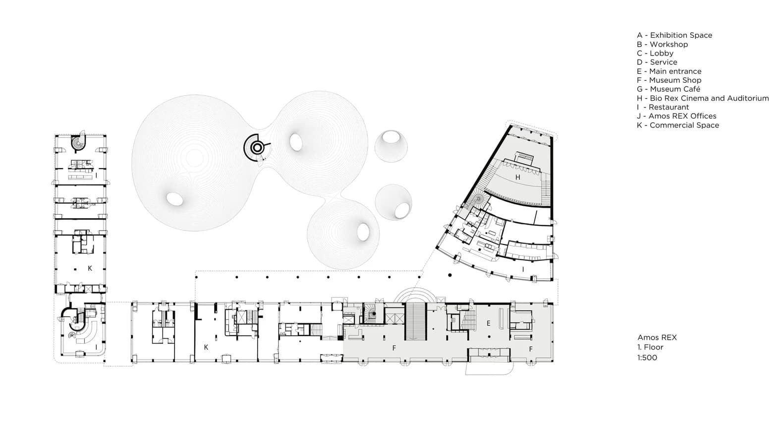 First Floor Plan of the Amos Rex Art Museum. Source: JKMM