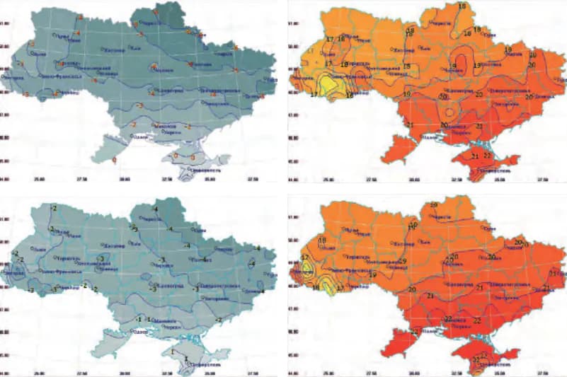 Зміщення ізотерм внаслідок змін клімату в Україні. Ліворуч: згори середня приземна температура повітря за зиму протягом 1961-1990 років, знизу – протягом 1991-2010 років. Праворуч: згори середня приземна температура повітря за літо протягом 1961-1990 років, знизу – протягом 1991-2010 років