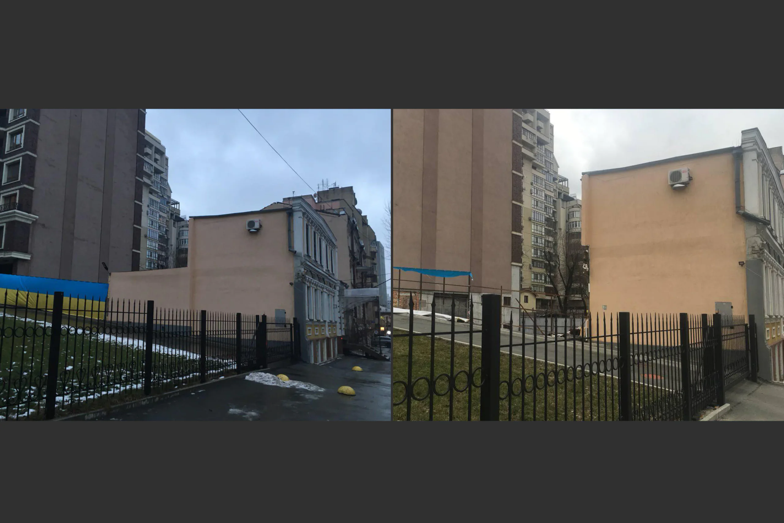 Будинок на вул. Кониського, 22. Фото праворуч: 24 лютого 2022 року
