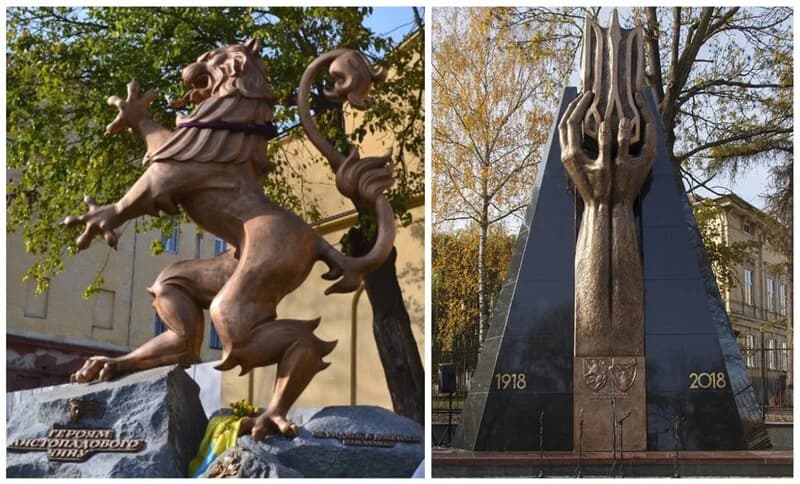 Фото зліва: пам’ятник від Львівської міськради (Пам’ятник на перехресті вулиць Городоцької та Бенедиктовича, 2019) Фото справа: пам’ятник від ЛОДА (Пам’ятник ЗУНР та УГА у Львові, 2018)