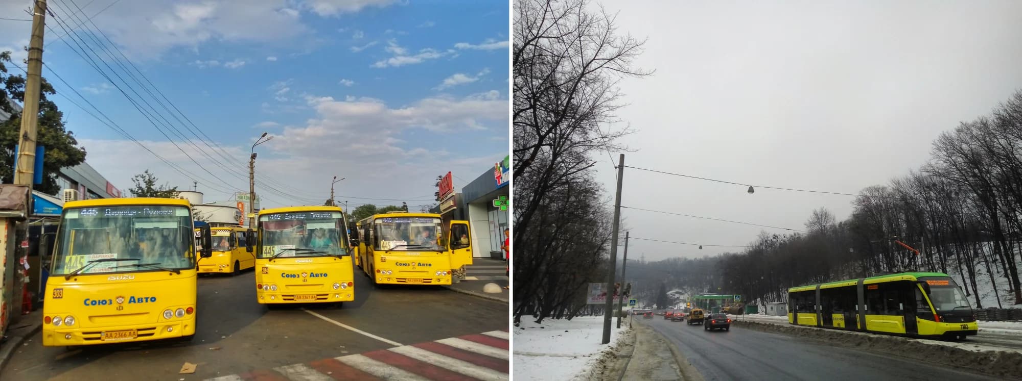 Ліворуч маршрутки — небезпечний та некомфортний вид транспорту, яким важко привабити потенційних пасажирів; Київ, 2016. Праворуч трамвай на Сихів у Львові — приклад сталого та сучасного проекту будівництва трамвайної лінії, за перші кілька тижнів функціонування якої продаж квитків у трамваях Львова зріс на 25%; 2017