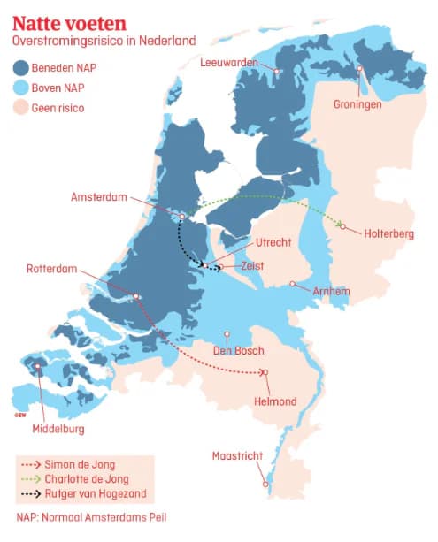 Flood forecast for the Netherlands in the event of sea level rise. Dark blue indicates areas already below sea level. Light blue indicates areas above sea level but at risk of flooding. Red indicates areas without flooding risk. [6]