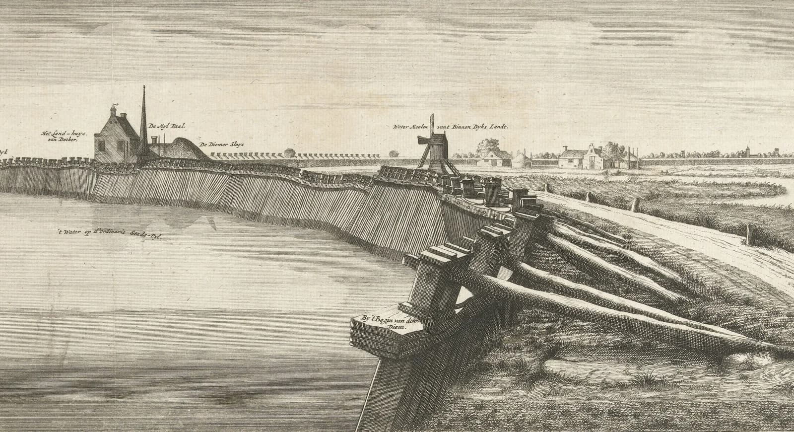 The poor condition of the sea dike from Diemen, Jaap Hannes (second part) 1705, Anonymous, 1705. Image: dutchdikes.net
