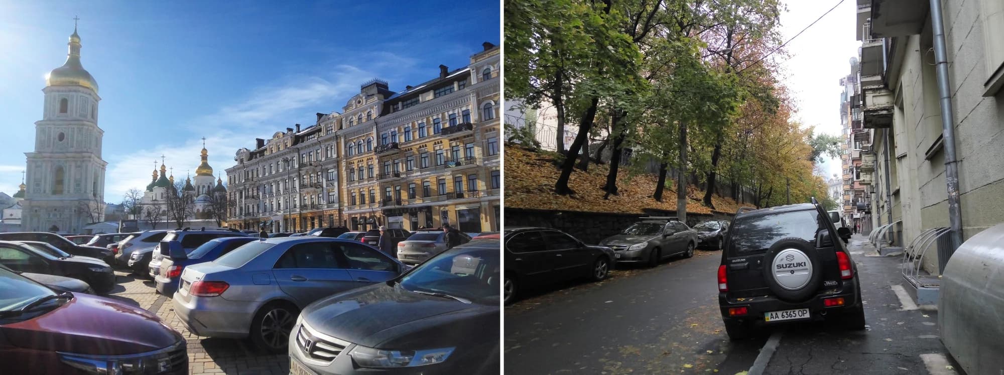 Ліворуч запаркована Софійська — одна з головних площ Києва, 2017. Праворуч тротуар на вулиці Кропивницького у Києві, по якому через припарковані автомобілі неможливо проїхати з візком або розминутися двом людям з сумками, 2016